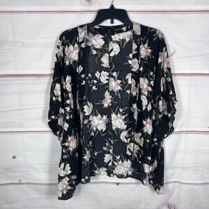 Talula Kimono Top Women S M Black Floral Open Front Woven Boho Flowy Lightweight